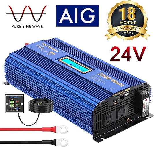 VOLTWORKS 24 Volt 2000W Pure Sine Wave Power Inverter 24V DC to 110V 120V AC and Hardwire Block with LCD Display Remote Controller Compatible with Lithium Battery for Off-Grid Solar RV Car Truck Boat