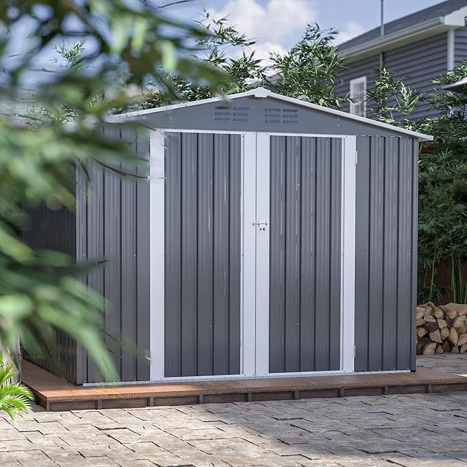 6x8 FT Outdoor Storage Shed, Metal Garden Shed with Frame Floor, Outside Tool Shed with Lockable Hinged Doors, Waterproof Storage Building with Sloped Roof for Backyard, Patio, Lawn, Gray