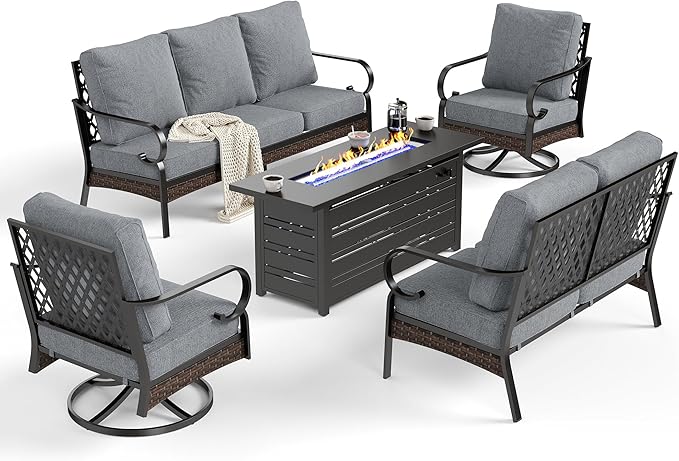 5 Piece Black Metal Outdoor Patio Furniture Sets with Firepit Table, Patio Conversation Sets 1 3-Seater Sofa, 1 2-Seater Sofa, 2 Swivel Sofa with 5.75" Cushion for Backyard Deck, Gray