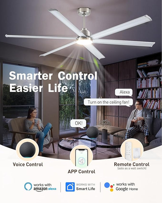 84" Smart Industrial Ceiling Fans with Light and Remote,6 Dual-Layer Aluminum Blades,Large Brushed Nickel Ceiling Fan with 6 Speed Noiseless DC Motor,Indoor/Outdoor Ceiling Fan for patio