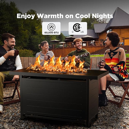 Ciays 43-Inch Propane Fire Pit Table with Glass Beads & Lid, CSA-Certified Gas Fire Pit with Cup Holders, Hanging Shelf & Nylon Cover, Outdoor Fire Pit for Patio & Deck, 60,000 BTU Heat Output