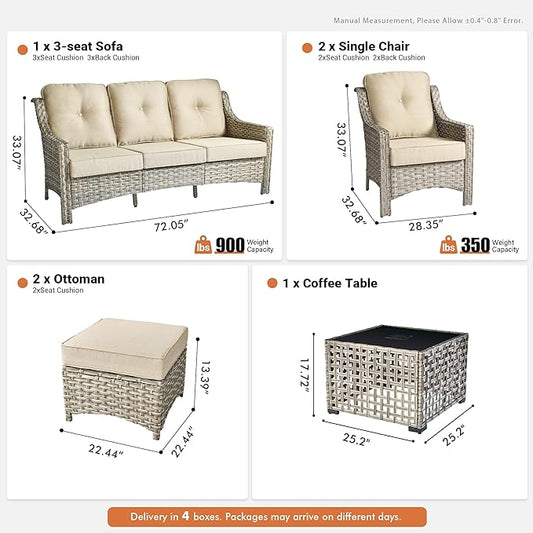 6 Pieces Patio Outdoor Furniture Set,All Weather Wicker Rattan Patio Seating Sofa and Chair Set w/Ottoman and Glowing Coffee Table,Outdoor Conversation Sets for Deck Yard Garden,Beige
