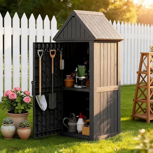 Outdoor Storage Shed with Removable Shelves, Waterproof Resin Outdoor Storage Cabinet for Small Patio, Balcony, Backyard, Vertical Storage Shed with 12 Hooks for Garden Tools, Grilling Supplies, Black