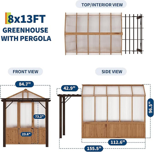 8x13FT Greenhouse Kit with Pergola, Wooden Greenhouse with Cedar Frame, Outdoor Wood Greenhouses with Roof Vent, Wood and Polycarbonate Walk-in Greenhouses