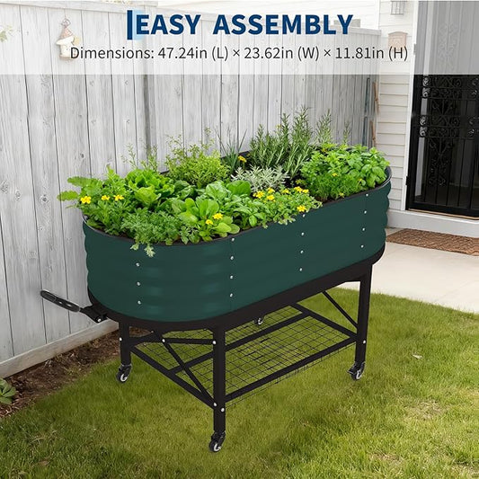 Oval Galvanized Raised Garden Bed Kit with Legs & Storage Rack for Patio, Easy Assembly, Thick Metal Outdoor Planter Box for Vegetables, Flowers, Patio Gardening, Green