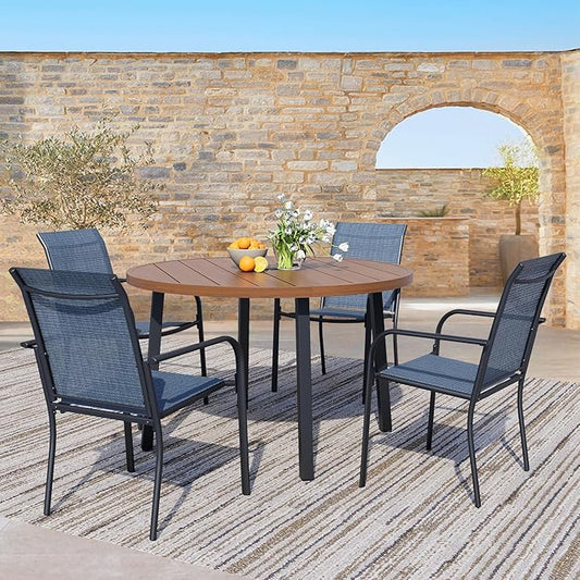 5 Pieces Patio Dining Set for 4, Blue Patio Stackable Chairs and Walnut Round Table Set of 4, Outdoor Furniture Set with Sling Support for Outside, Garden
