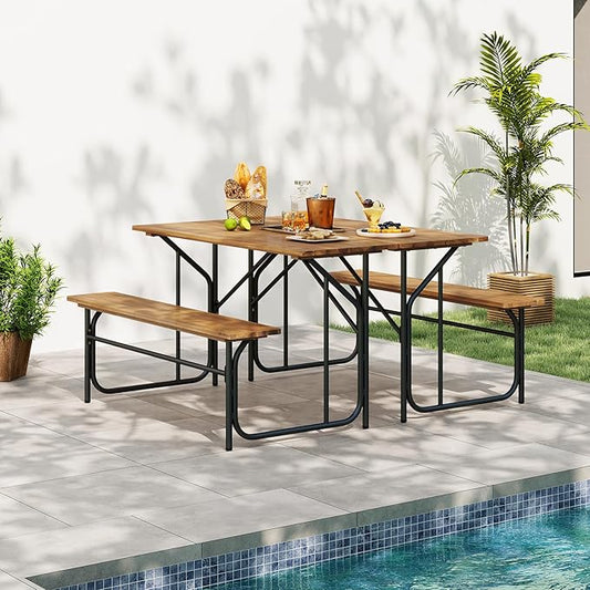 Tangkula Patio Dining Bench Set, Heavy-Duty Outdoor Acacia Wood Dining Furniture with Metal Legs for Balcony, Backyard, Poolside, Garden (2,52” x 32” x 29.5”)