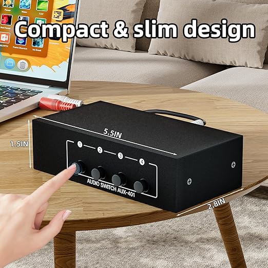 4 Channels 3.5mm Aux + RCA L/R Audio Switcher Box 4 in 1 Out/ 1 in 4 Out Bidirectional,4 in 1 Out A/B Analog Audio Switcher Selector No Power Need