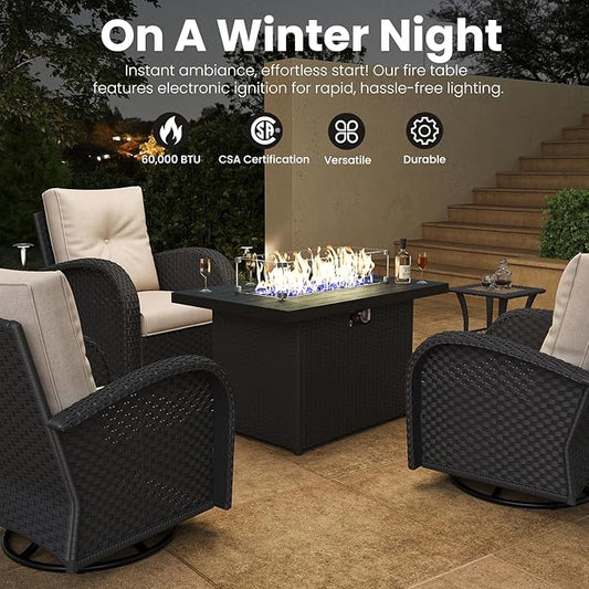 Rectangular Fire Pit Table, 44 inch Propane Gas Fire Pit with Glass Rocks, Wind Guard Glass Shield, Waterproof Cover for Outside Patio Backyard Deck Balcony