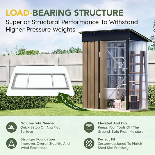 5x3FT Outdoor Steel Storage Shed with Floor Frame, Lockable Doors, Compact Metal Tool Shed for Garden, Backyard, Patio, Utility, and Bike Storage,Brown