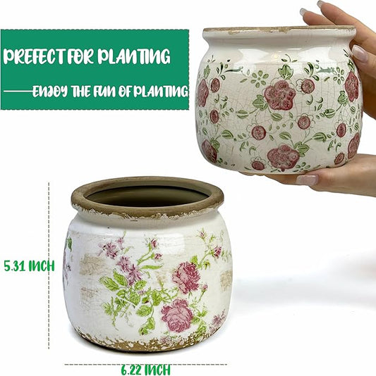Vintage Ceramic Ice Crack Flower Pot with Drainage Holes, Country Rustic Planters for Indoor and Outdoor,Tuscan Decor,Home,Living Room, Garden Decor, Gardening Gift (Garden)
