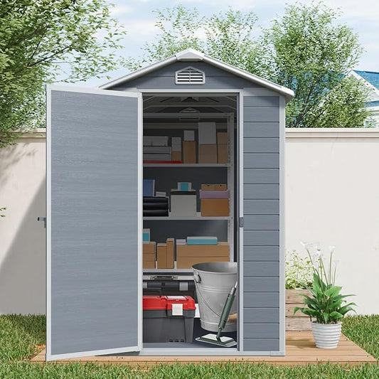 Resin Storage Shed 4x6 ft Outdoor Storage Shed with Floor and Window, Lockable Door Plastic Tool Sheds with Vents, Waterproof Sheds for Garden, Patio, Backyard, Yard, Lawn, Grey