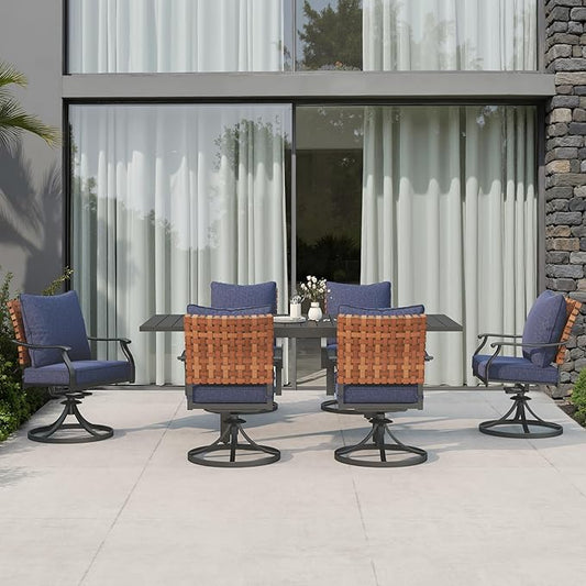 Grand patio 7-Piece Outdoor Dining Set, 6 Leather-Look Wicker Blue Swivel Patio Chairs & 1 Expandable Dining Table, Black