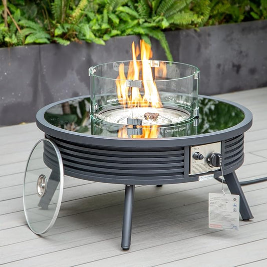 LeisureMod Walbrooke Modern Outdoor Round Fire Pit Table with Powder-Coated Aluminum Frame and Slats Design for Patio and Backyard Garden, Black
