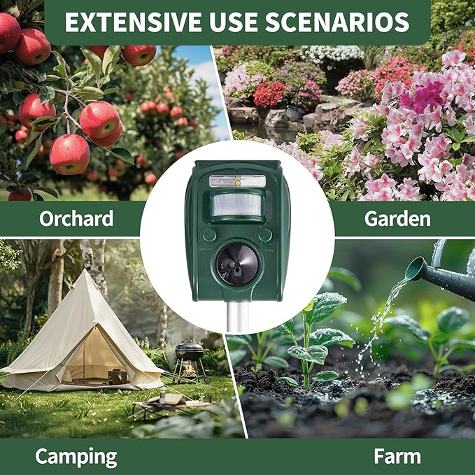 CIIC Upgraded Solar Ultrasonic Animal Repellent Devices Motion Detection 5 Adjustable Modes, Deer Cat Squirrel Raccoon Rabbit Dog Repellent Deterrent with LED Waterproof Flash Lights for Yard, Farm