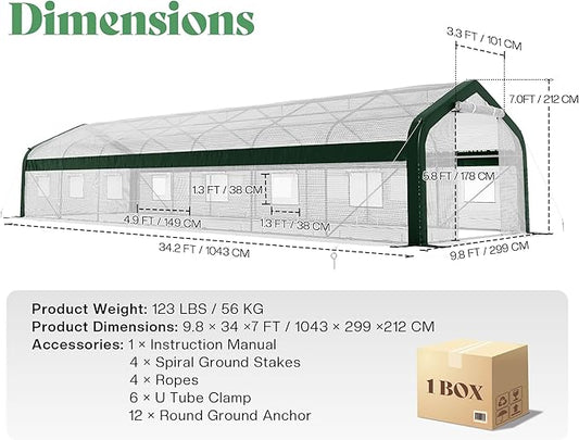 AMERLIFE 34x10x7 FT Large Walk-in Tunnel Greenhouse for Outdoors with Watering System 2 Zipper Rolling Doors, Heavy Duty Greenhouse Upgraded Galvanized Steel Frame 14 Windows, White/Green