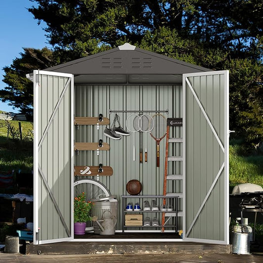 JUMMICO Metal Outdoor Storage Shed 6 x 8 FT Metal Shed with Lockable Door,Waterproof Garden Tool Shed Storage House for Backyard Patio Lawn,White