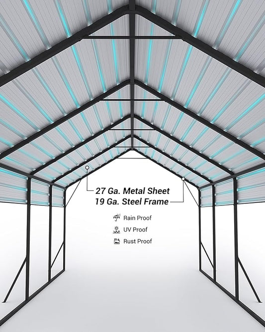 13x26 FT Metal Carport Heavy Duty Car Ports Reinforced Frame, Galvanized Steel Roof and Enhanced Base All-Weather Outdoor Oversized Shelter for Cars, Bass Boats, Full-Sized Pickup Trucks, Tractors