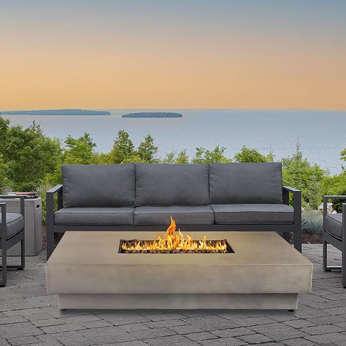 60-inch Outdoor Propane Fire Pit Table, 50,000 BTU Natural Gas Firepit Rectangule Concrete Fire Table with Steel Lid, Natural Gas Orifice, Rain Cover for Outside Patio, Deck, Backyard, Garden