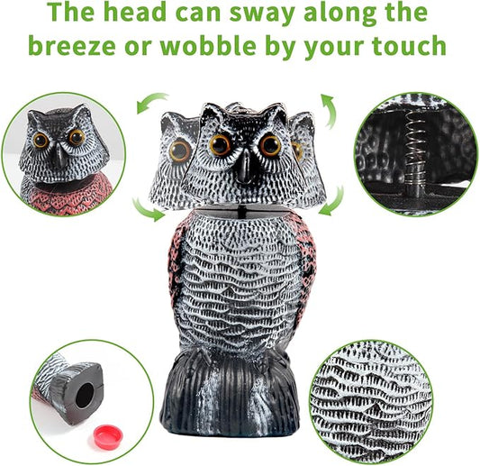 BobbleHead Owl Decoys Sculpture to Scare Birds Away, 2-Pack 8.3" Fake Owl Plastic Scarecrow Bird Deterrent, Natural Enemy Pest Repellent, Garden Decor Statues for outside, Patio, Lawn, Yard Decoration