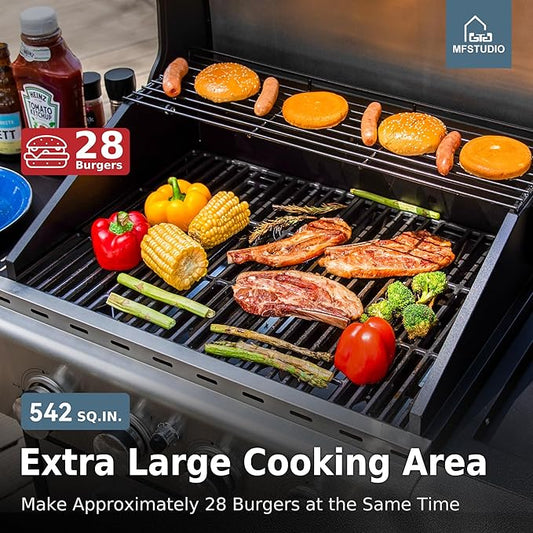 MFSTUDIO 4-Burner BBQ Propane Grill with Searing Side Burner, Porcelain-Enameled Cast Iron Grates,Thicker and taller lid, Stainless Steel Gas Grills for Outdoor and Patio Barbecue Cooking