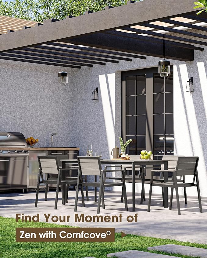 Patio Outdoor Dining Set for 6, Aluminum 7 Piece HDPE Patio Table and Chairs Set with Umbrella Hole, Modren Rectangular Patio Furniture Set with All-Weather Table and 6 Chairs (Classic Gray)