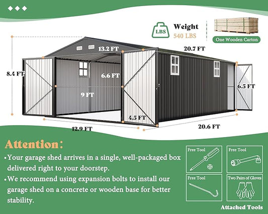 AMERLIFE 13x21x8.4 FT Outdoor Metal Garage Shed, Extra Large Storage Shed with Double Hinged Doors & 4 Windows, Carport for Car, Truck, Bike and Equipment Storage, Dark Gray