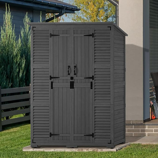 Macrout Large Outdoor Storage Cabinet with 6 Shelves (4.8 x 2.2 x 6.5 ft), Outside Storage Shed with Lock, Wooden Garden Shed for Yard Patio Lawn, 1738 (Gray)