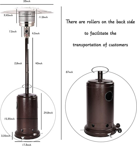 Elevon 48,000 BTU Outdoor Propane Patio Heater with Wheels, Commercial & Residential, Bronze