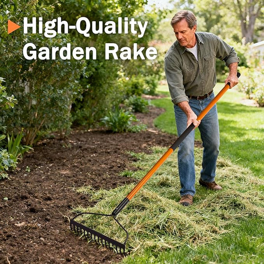 Garden Rake - 14 Tine Heavy Duty Rake with 58 Inch Fiberglass Handle