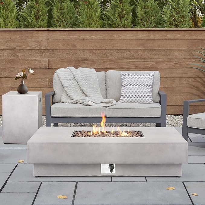 60-inch Outdoor Propane Fire Pit Coffee Table with Tank Cover, 50,000 BTU Concrete Rectangle Modern Outside Fire Table, Auto-Ignition, Included Lava Rocks, Metal Lid & Waterproof Cover