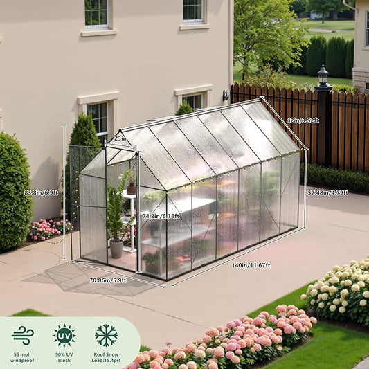 Green House for Outside, Greenhouse for Outdoor, Backyard Green House, Walk-in Garden Greenhouse, Heavy Duty Polycarbonate Greenhouses 6x12
