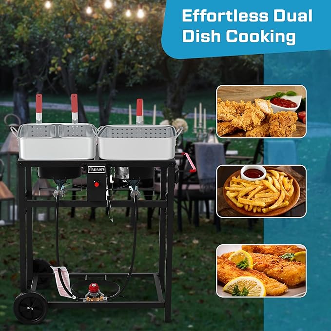 Fire Riot Deep Fryer with Double Burner Propane Stove Outdoor, 2×18QT Aluminum Pots & Frying Baskets, 100,000 BTU High-Power, Fish Fryer for Wings, Fries, Cajun Fry