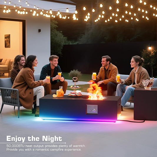 48 inch Propane Fire Pit Table LED, 2 in 1 Rectangular Outdoor Fire Pit with 20lb Tank Cover, Outside Patio Deck and Garden, Gas Fireplace Table with Lid and Stone, 50,000 BTU Adjustable Flame