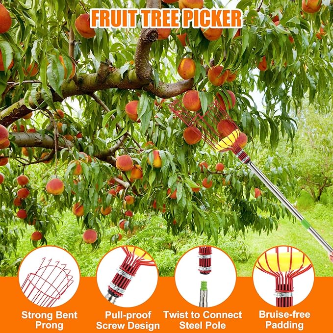 Lasnten 3 Set Fruit Picker Pole Tool with Basket Long Handle 22.5 ft Adjustable Apple Picker Tool Fruit Pick Equipment for Avocado Acorn Lemon Oranges Pear Mango Picking