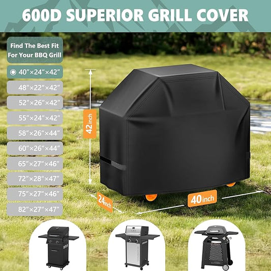 HomWanna Grill Cover 40 Inch - Small Gas BBQ Cover for Outdoor Grill - 600D Outside Barbecue Covers Waterproof Heavy Duty for Weber, Dyna-glo, Char-Broil, Nexgrill, Brinkmann, Monument and More
