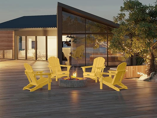 MUCHENGHY Folding Adirondack Chairs Set of 4, Patio Chairs, Lawn Chairs, Outdoor Chair, Adirondack Chair Plastic, Fire Pit, Weather Resistant with Cup Holder for Deck, Backyard, Garden(Olive Yellow)