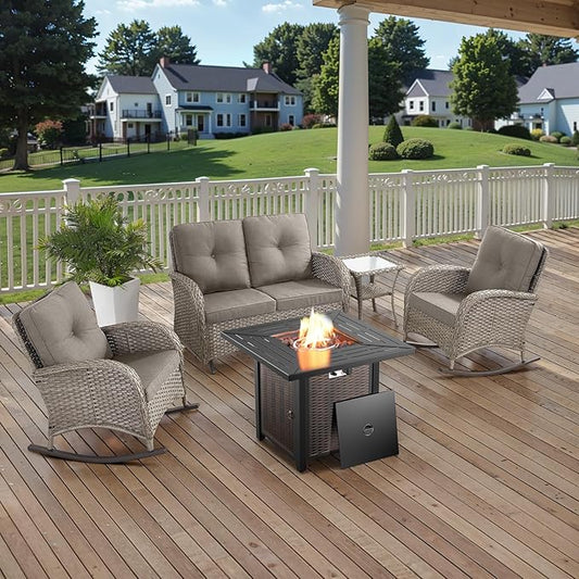 5 Pieces Patio Furniture Set with 50000 BTU Propane Fire Pit Table, All-Weather Patio Rocking Chairs, Loveseat Glider and Side Table for Outdoor Conversation Deck Backyard Poolside