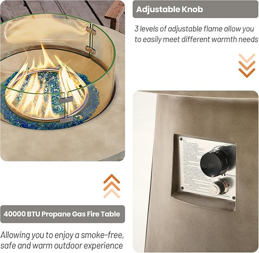 HOMPUS Outdoor Propane Fire Pit, 31-inch Round Gray Propane Fire Pit with 10 lbs Aqua Blue Fire Glass, 40000 BTU Gas Smokeless Fire Pit Table, Patio Concrete Firepit with Rain Cover