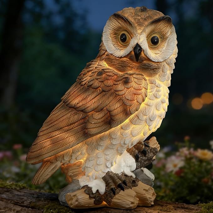 Ayadon Solar Owl Garden Outdoor Statue,Owl Figurine Sculpture with LED Lights for Porch Patio Lawn Yard Deck Decor - Ideal Housewarming Christmas Gift for Women Men Owl Lover(Brown)