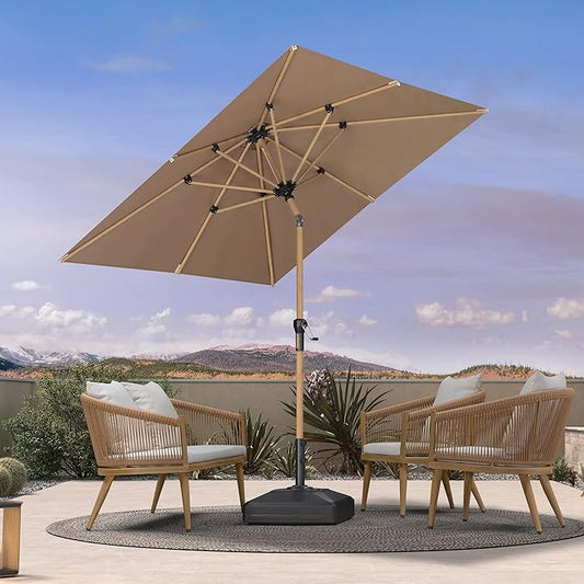 PURPLE LEAF 6.5' x 6.5' Patio Umbrella with Base Square Outdoor Table Umbrella Market Umbrella with Push Button Tilt & Crank and 8 Ribs Aluminum Outdoor Umbrella for Pool Backyard Beach, Taupe