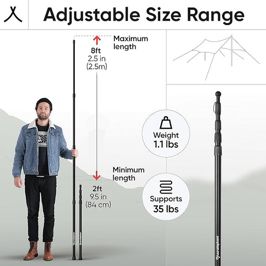 Green Elephant Camping Tarp Poles - Adjustable Aluminum Telescoping Tent Poles for Tarps, Canopy & Awning - Heavy Duty Collapsible Pole Set of 2 - Extends 8ft 2.8 in, Shrinks to 2ft 9.5 in.