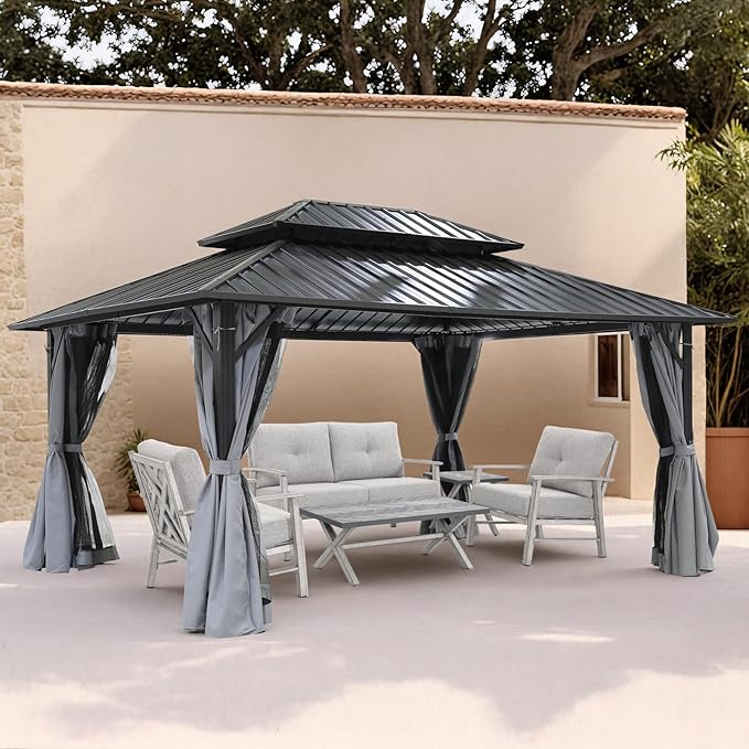 SEEHILL 12' x 16' Hardtop Gazebo, Outdoor Patio Gazebo, Aluminum Frame Patio Hardtop Gazebos with Netting and Curtain, Outdoor Patio Pergola with Double Steel Roofs for Deck, Lawns, Garden, Slate Gray