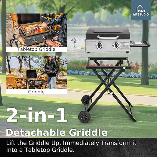 MFSTUDIO Small Portable Propane Griddle, 2 In 1 Gas BBQ Travel Grill with Foldable Stand, Compact and Light Countertop Grills with 2 Burners and Side Table, for Outdoor Cooking, Camping and Roadtrip