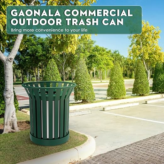25.2IN Round Large Outdoor Trash Can, Heavy Duty Metal Slatted Garbage Can Outdoor, All Weather Resistant Commercial Garbage Cans, Waste Receptacle in Park, Beach, Patio, Green