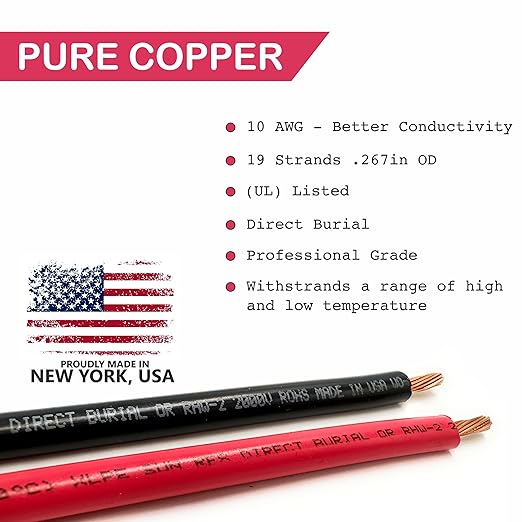 NATIONAL Wire&Cable 10 Gauge Solar Panel Professional Wire - Made in USA - 2x30 Ft Copper PV Wire UV Resistant Cable for Boat Marine Automotive RV Solar Panel Outdoor - Red&Black