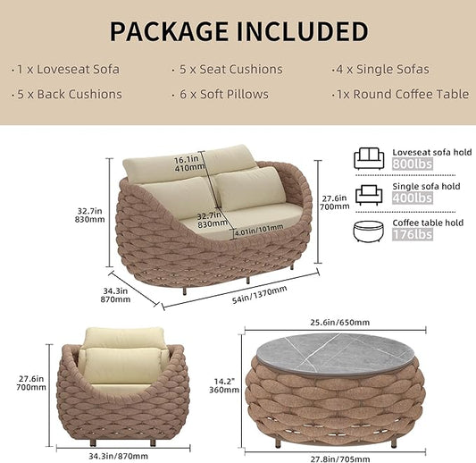 TWT Aluminum Outdoor Patio Furniture Set with Coffee Table, 6 Piece Patio Conversation Sets with Washable Cushions Covers, Patio Sectional Furniture Set for Porch, Balcony, Deck, Yard, Light Brown