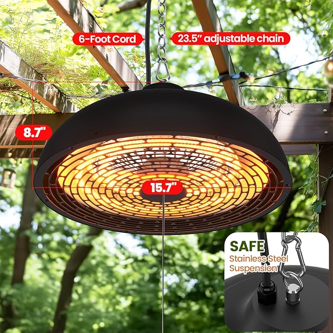 Hanging Outdoor Electric Heater, Infrared Patio Heaters for Outdoor Indoor Use, Ceiling Garage Heater with 3 Adjustable Modes 600W/900W/1500W. MATT BLACK