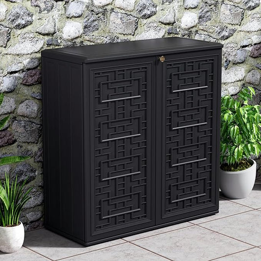 Indoor Outdoor Storage Cabinet Waterproof with Shelf,Plastic Storage Sheds Outdoor Cabinets for Patio/Garden/Backyard, Size 34.3''L*15''W*36.2''H(Black)