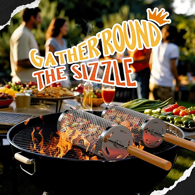 Rolling Grill Basket,304 Stainless Steel Grill Basket with Removable Wooden Handle,BBQ Tool & Smoker Accessory for Veg & Shrimp,Ideal for Outdoor Cooking,Camping & Gifts for Dad/Husband/Men-Large